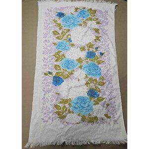 Fashion  Weaver Vintage Bath Towel Blue Flower Floral Pattern W/ Fringe